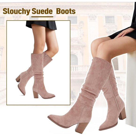 Women's Pointed Toe Knee High Faux Suede Slouch Taupe High Boots Chunky Heels - Picture 4 of 8